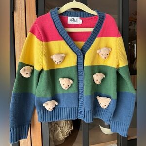 Lola + The Boys 3D teddy bear cardigan sweater rainbow stripes funky toddler